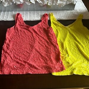 J Crew Coral and Yellow Sequin, Cotton Tank Tops, Size M